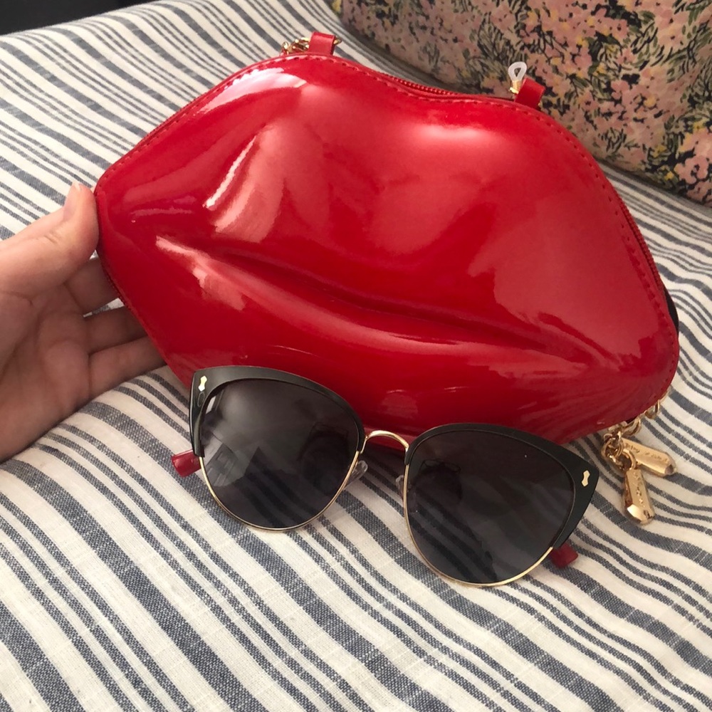 Betsy Johnson Red Lips clutch and sunglasses